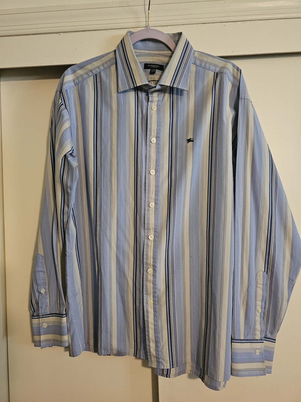 Burberry Blue and White Vertical Stripe Dress Shirt